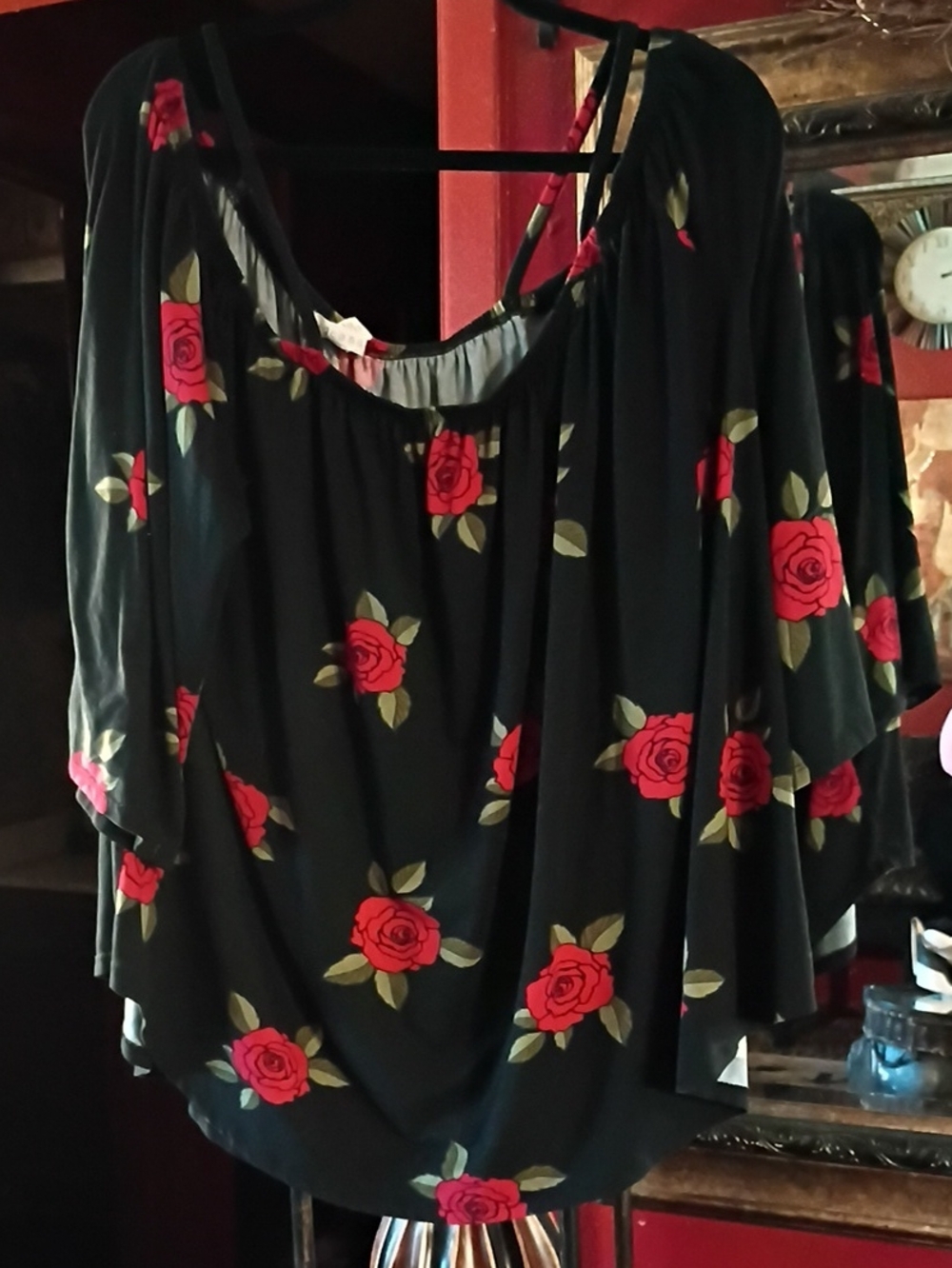Eye Candy Black Off-Shoulder Tunic with Red Rose Print
